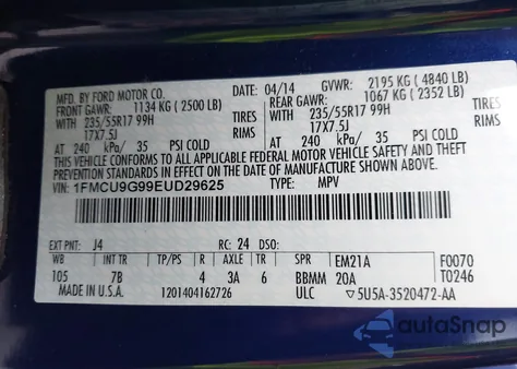 2014 Ford Escape Se из США, поврежденный, VIN 1FMCU9G99EUD29625